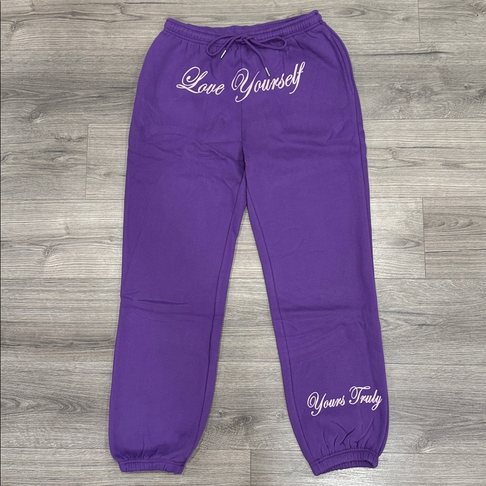 Yours Truly Purple Cuffed Sweats Joggers Embroidered Love Yourself Mens Sz Large